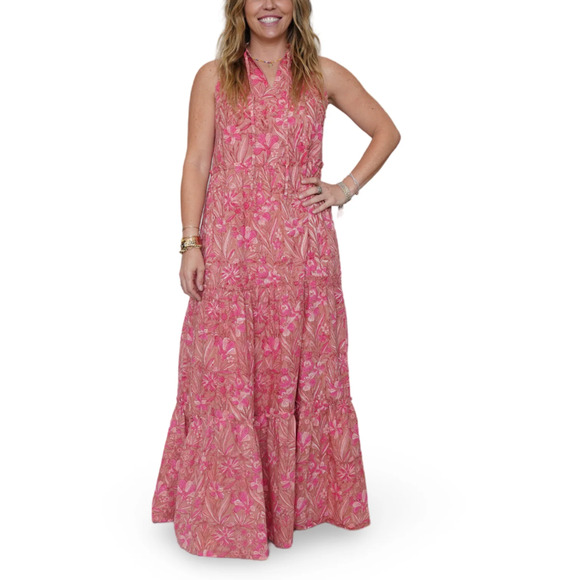 SLV Sur La Vague Pink Pattern Sleeveless Full Length Tiered Maxi Dress One Size - Picture 1 of 9